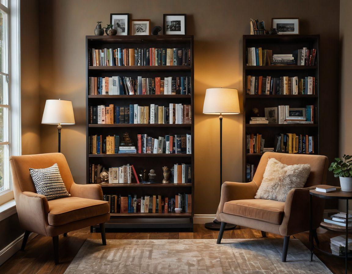 A thought-provoking scene depicting a bookshelf filled with educational books alongside artistic representations of adult content, blending the themes of pleasure and learning. The environment is cozy and inviting, with warm lighting and plush seating to encourage exploration and discussion. Include elements like a laptop showing an online course, a glass of wine, and vibrant, abstract art on the walls. super-realistic. warm tones. cozy atmosphere.