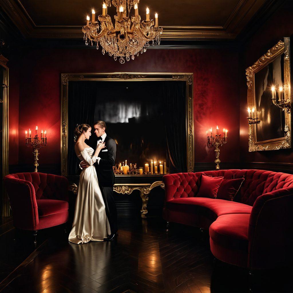 A provocative and artistic representation of a dimly lit room with plush velvet furnishings, intimate candles casting soft glows, and silhouettes of elegant figures engaging in sensual dance. Artful hints of red and gold create a luxurious ambiance, while subtle textures evoke a feeling of intimacy and exploration. This alluring environment invites the viewer to delve into the enticing world of adult entertainment. super-realistic. rich textures. muted lighting.